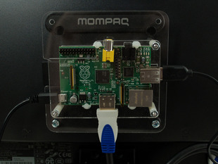 Top-down shot of assembled VESA mount for Raspberry Pi model A and B.
