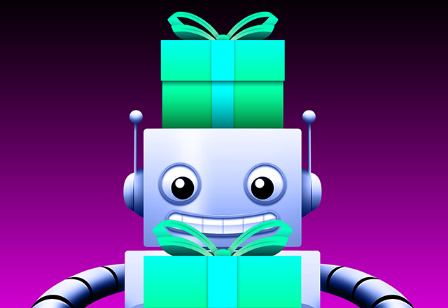 Shop our Beginner's Gift Guide for items $100 or less. Image of of smiling AdaBot robot holding green gift wrapped box and similar box on top of head.