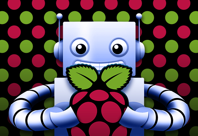 In front of a black background with red and green polka dots stands a smiling Adabot, Adafruit's blue robot friend. Adabot is holding the Raspberry Pi logo. To Adabot's left "Raspberry Pi Gift Guide" in white font