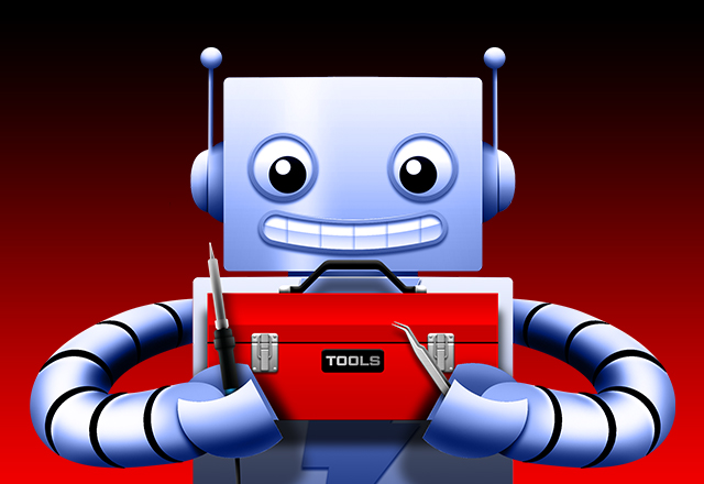 Adafruit Gift Guide for Tools. A red background with AdaBot holding a red tool box, a soldering iron and tweezers.