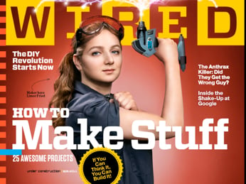 Magazine cover of WIRED, with woman rolling up sleeve like Rosie the Riveter.