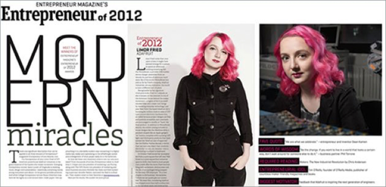 Magazine spread of woman with pink hair, titled 'Entrepreneur of the Year 2012' and article title 'Modern Miracles'