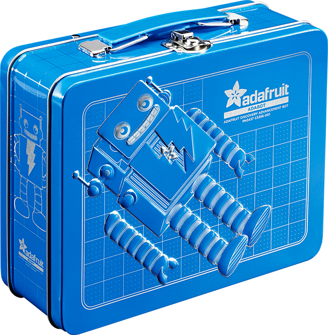 A blue metal lunchbox featuring Adabot