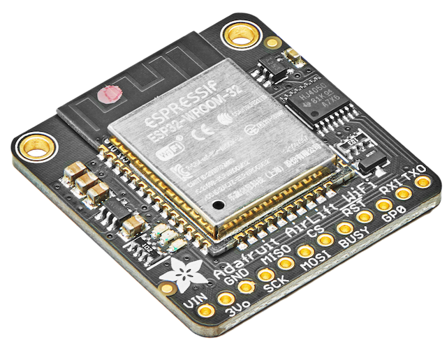 Angled shot of WiFi breakout board with an ESP32 module.